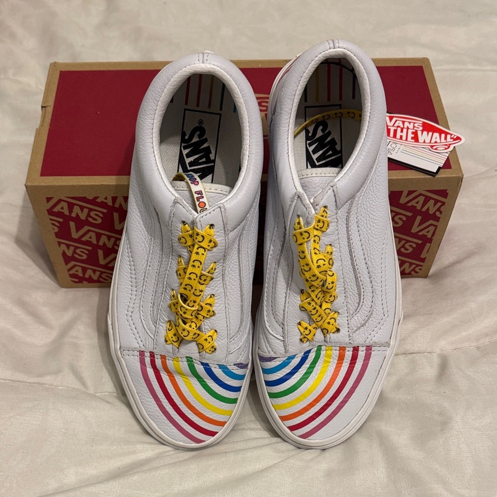 Vans White Sneakers with Colorful Toe and Yellow Laces
